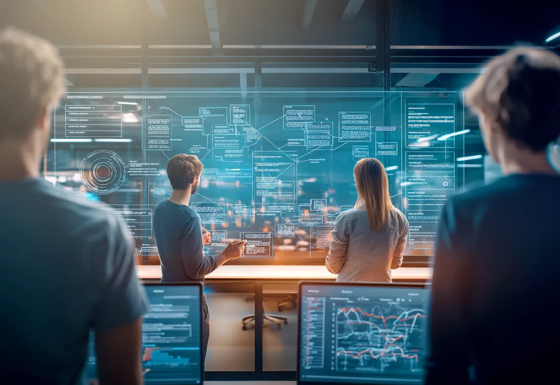 Eine Gruppe von Menschen, die auf einen großen Bildschirm schauen