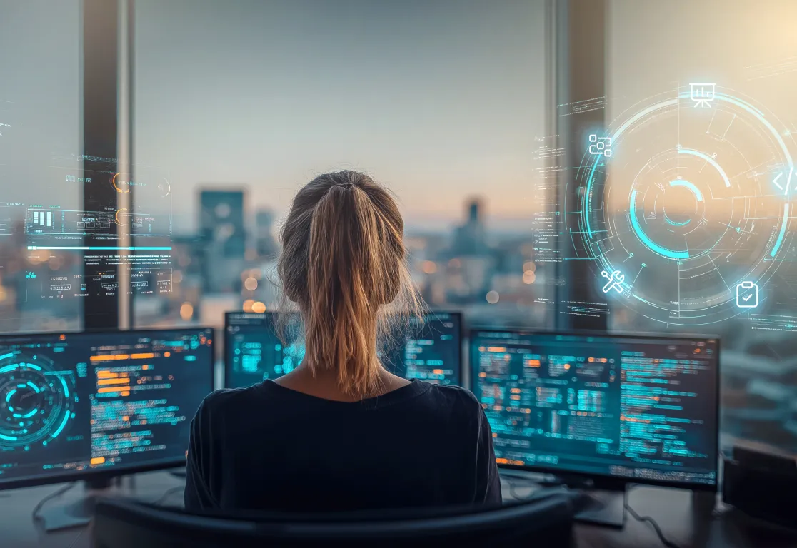 Eine Frau, die vor mehreren Computerbildschirmen sitzt