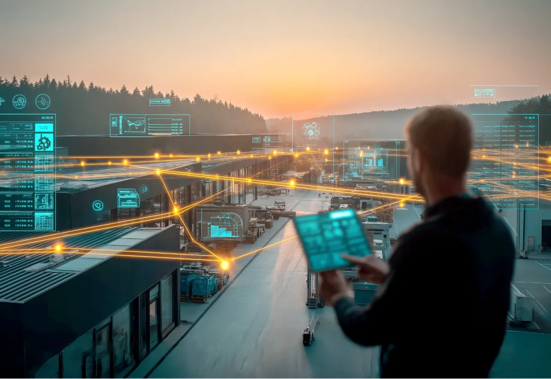 Ein Mann hält ein Tablet vor einem Gebäude