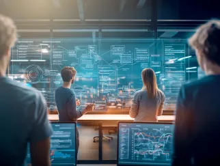 Eine Gruppe von Menschen, die auf einen großen Bildschirm schauen