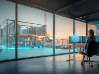 Eine Frau, die in einem Büro mit einem Computer sitzt